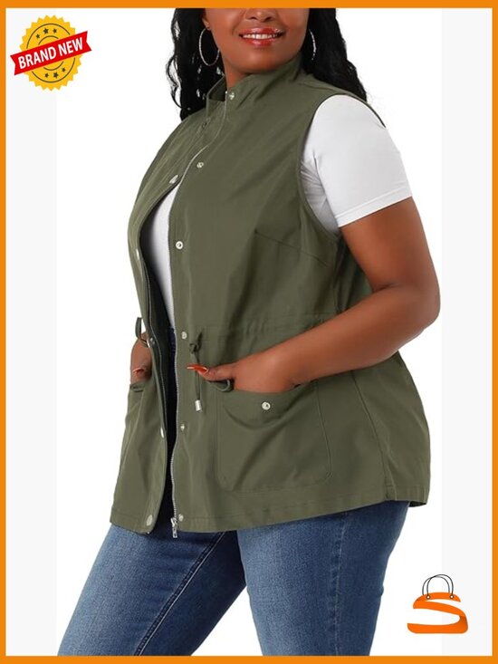 Jackets & Blazers - Plus Size Sleeveless Cargo Vest Lightweight Anorak Utility Vest Women